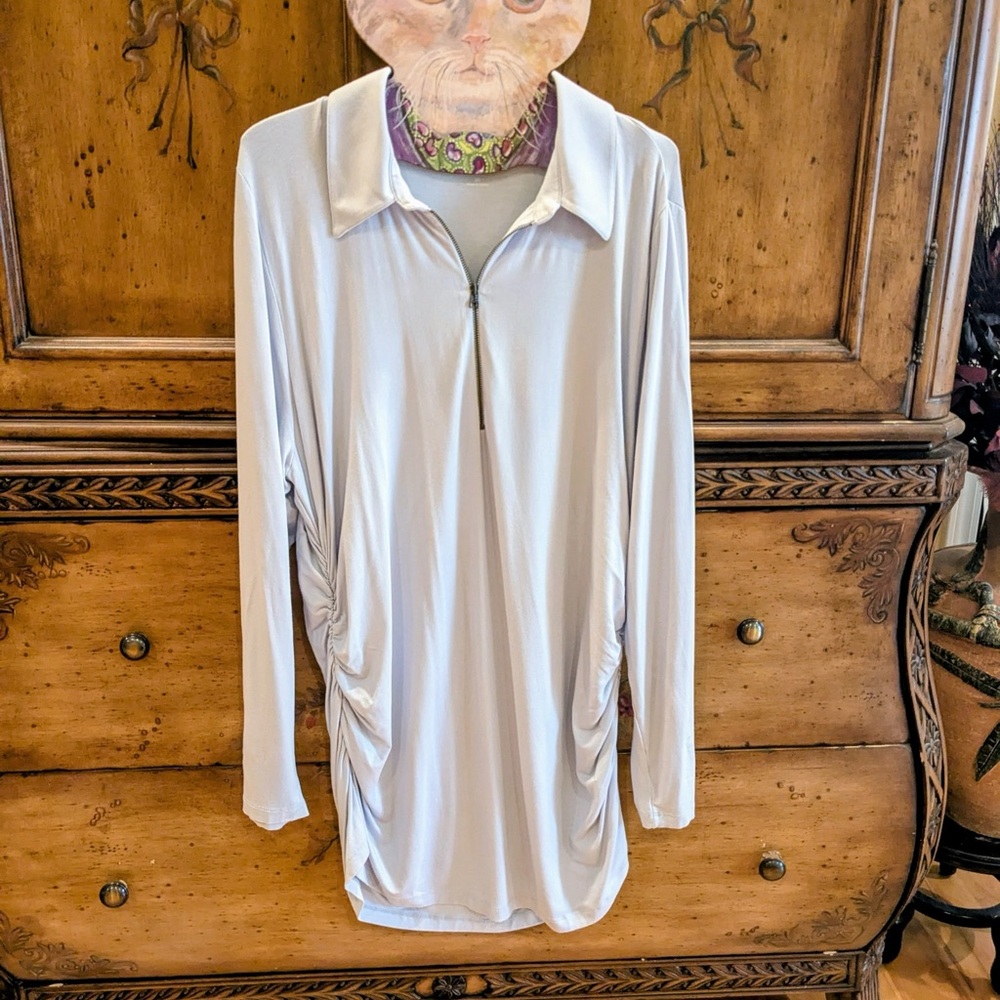 Powder Blue Quarter Zip Long Sleeve Side Ruched Top